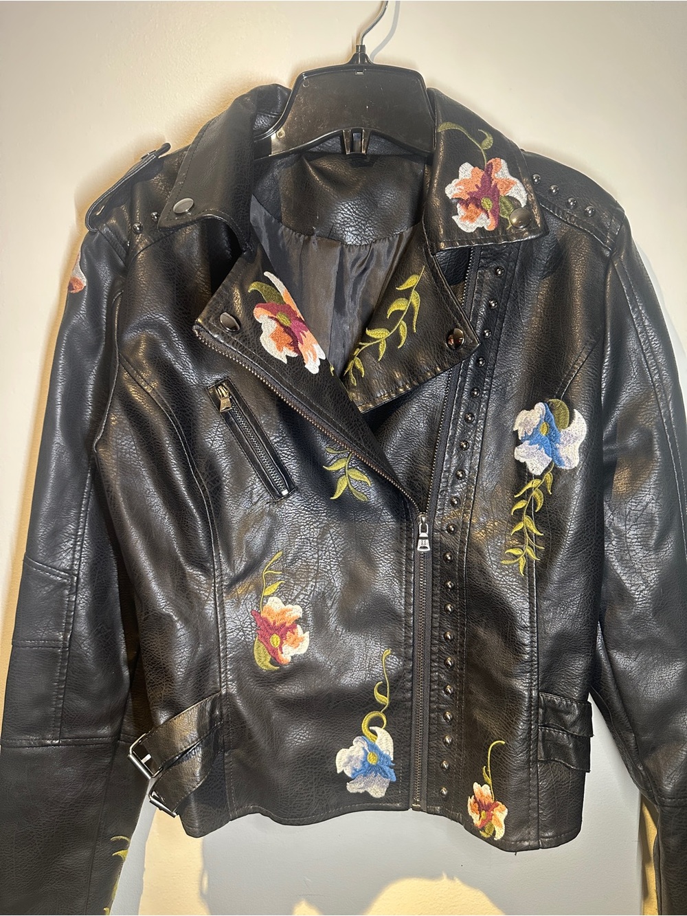 Black Embroidered Faux Leather Moto Jacket - Women
